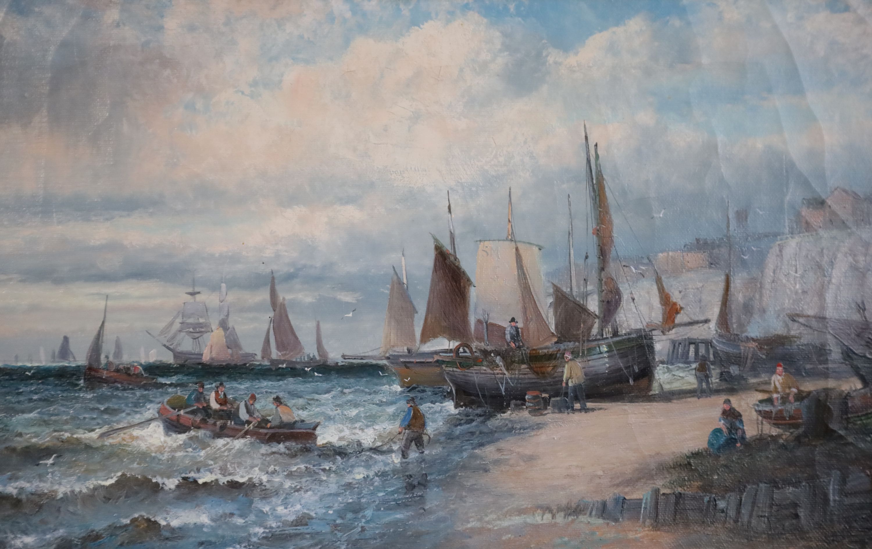 Hubert and William Thornley (fl.1858-1898) Fishing boats and fisherfolk along the shore and in harbour 9.5 x 15.25in.